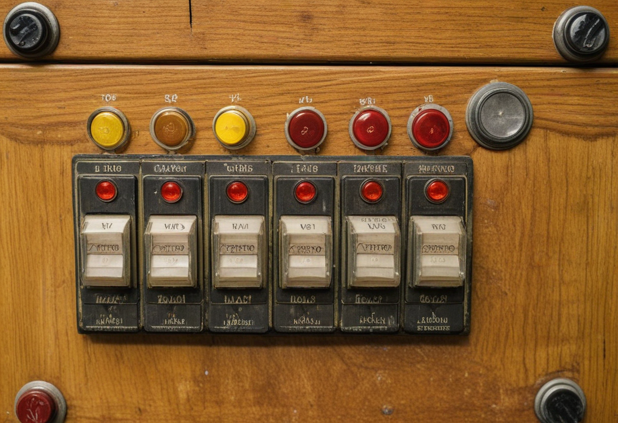 Dated RV switch panel with old-fashioned toggle switches